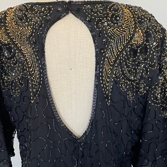 Vintage Black Gold Beaded Open Back Dress - Picture 6 of 10